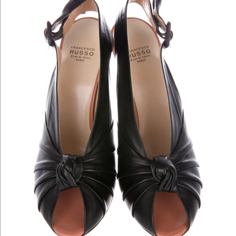 Francesco Russo calf leather pleated peeptoe sling back pumps stiletto black NEW